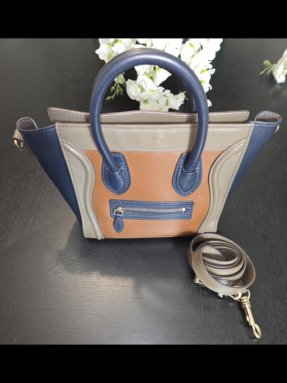 Celine Tri-Color Mini Luggage Tote - Navy, Tan & Taupe